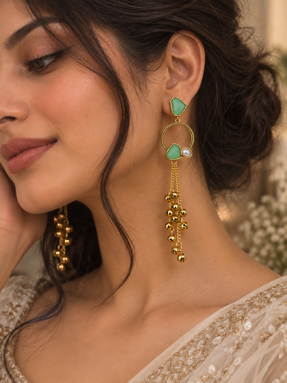 Premium Gold-Toned Mint Green Stone Long Chain Chandelier Earrings