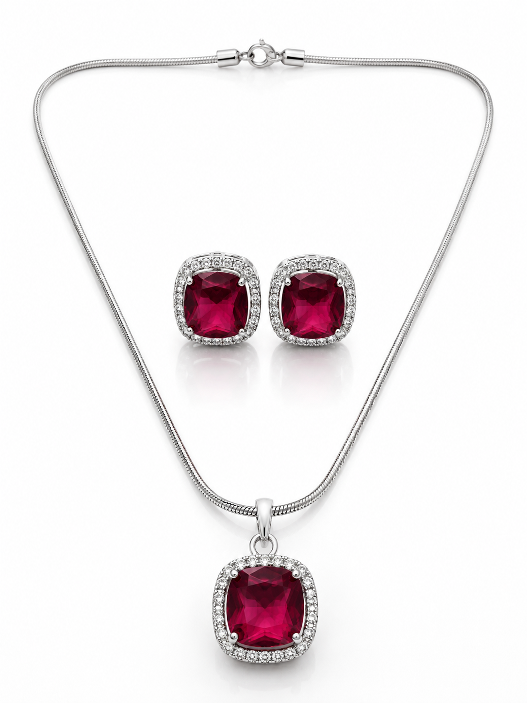 Elegant Burgundy Silver-Toned Pendant Set