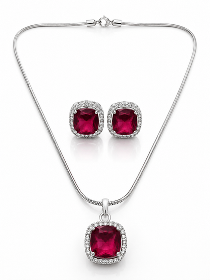 Elegant Burgundy Silver-Toned Pendant Set