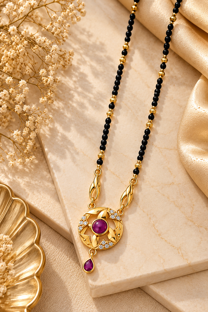 Elegant Black-Beaded Mangalsutra with Purple Stone Pendant