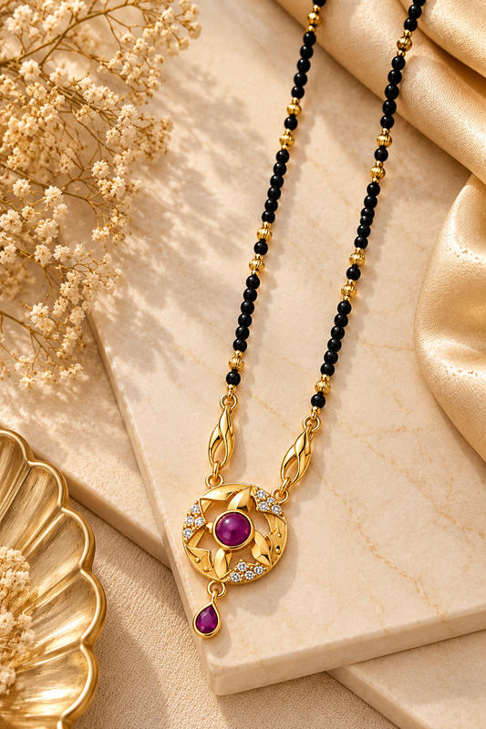Elegant Black-Beaded Mangalsutra with Purple Stone Pendant