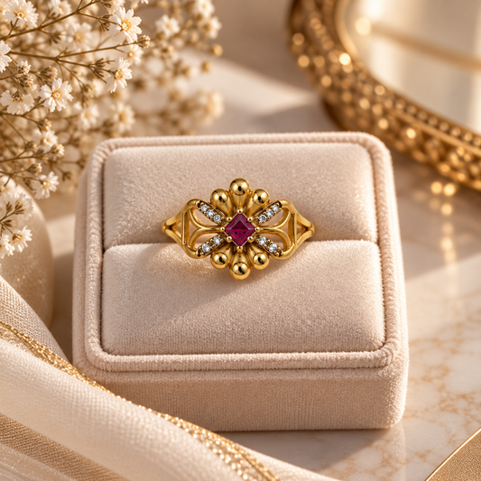 Gold-Toned Ruby Floral Statement Ring