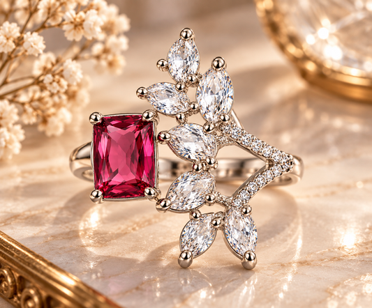 Silver-Toned Pink Gemstone Floral Statement Ring
