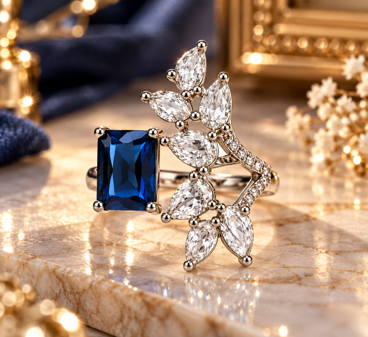 Premium Blue Gemstone Floral Statement Ring