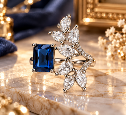 Premium Blue Gemstone Floral Statement Ring