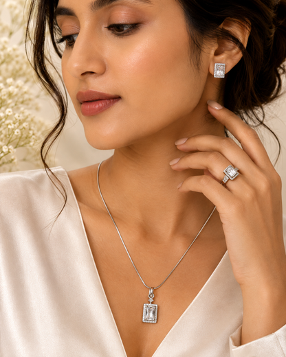 Elegant Silver-Toned Crystal Pendant Set