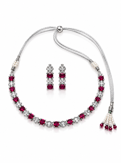 Silver-Toned Ruby Pink Necklace & Earring Set