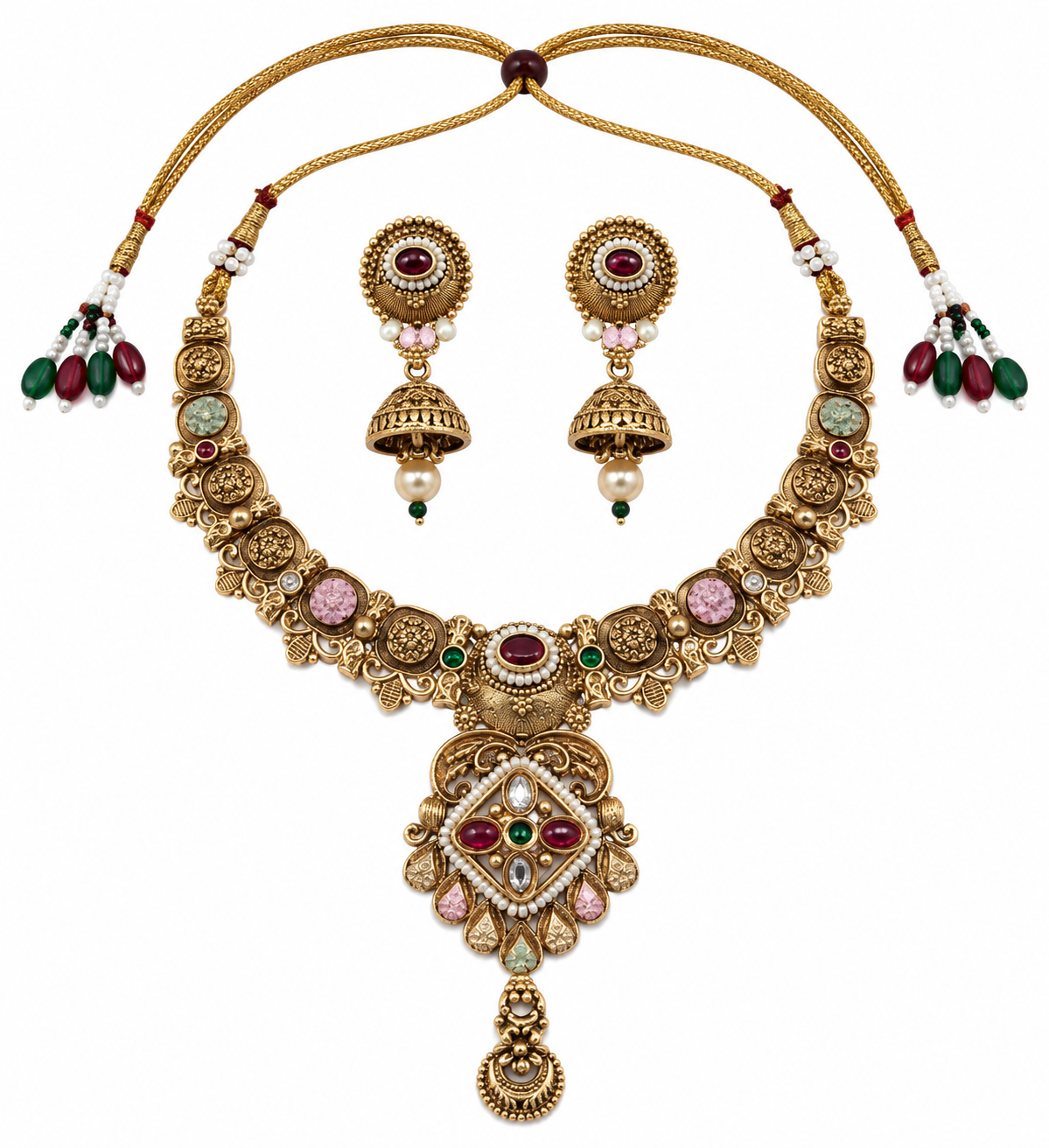 Premium Gold-Toned Traditional Multicolor Necklace & Earring Set