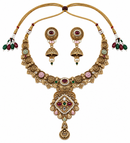 Premium Gold-Toned Traditional Multicolor Necklace & Earring Set