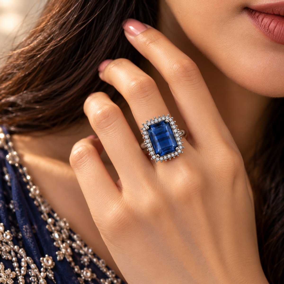 Silver-Toned Deep Blue Statement Ring