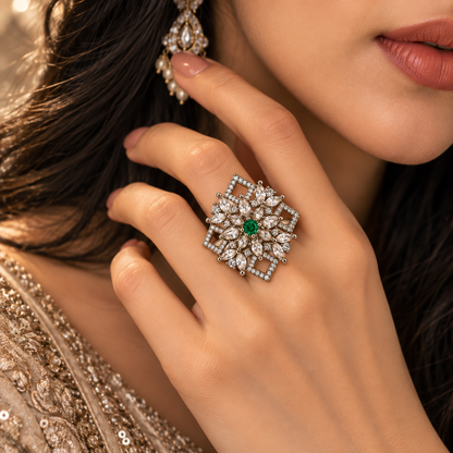 Silver-Toned Emerald Floral Geometric Statement Ring