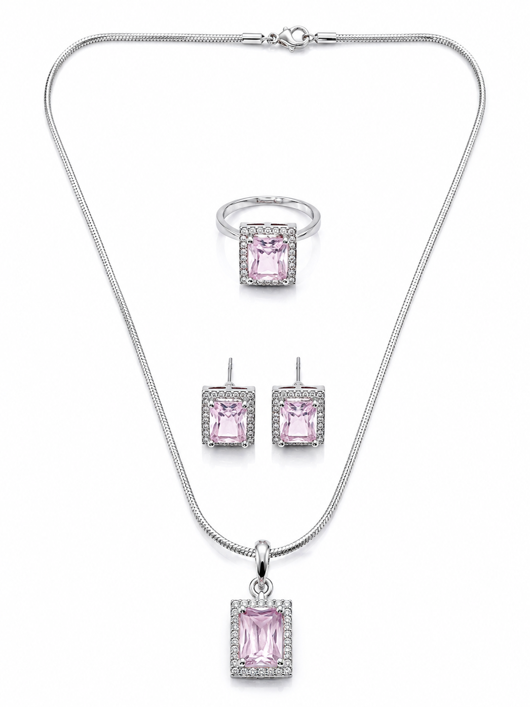 Elegant Pink Silver-Toned Pendant Set