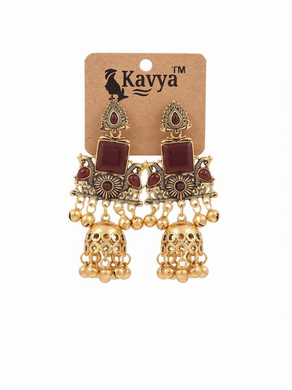 Premium Maroon Stone Antique Gold Jhumka Earrings