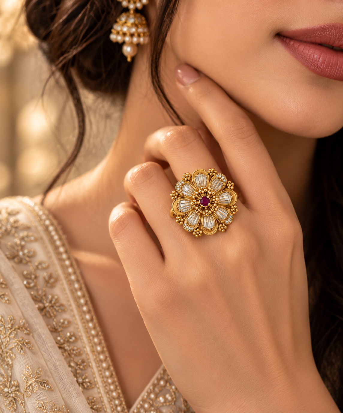 Premium Gold-Toned Floral Cocktail Ring