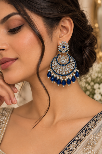 Premium Silver-Toned Blue Crystal Chandelier Statement Earrings