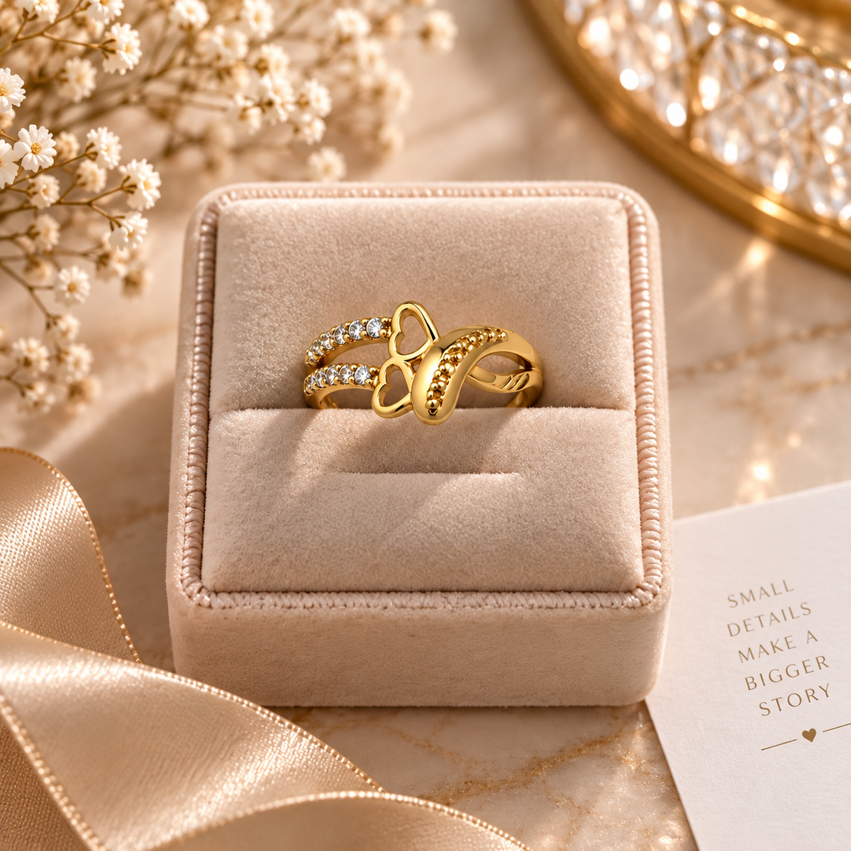 Gold-Toned Crystal Bow Ring