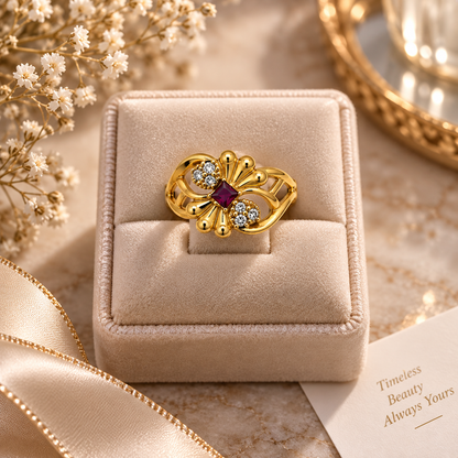 Gold-Toned Ruby Floral Statement Ring