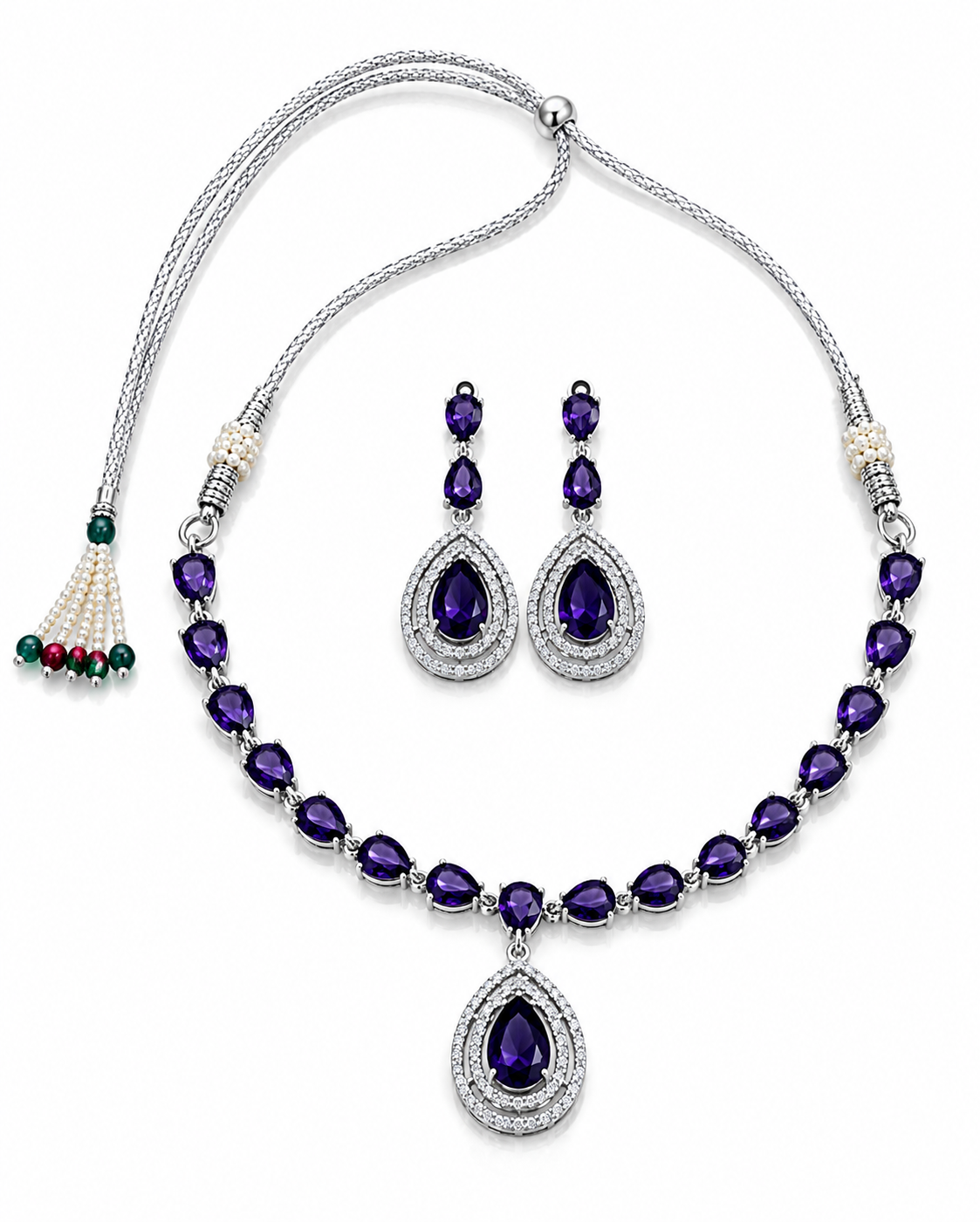 Silver-Toned Deep Purple Stone Necklace & Earring Set