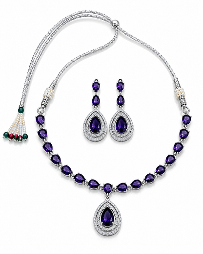 Silver-Toned Deep Purple Stone Necklace & Earring Set