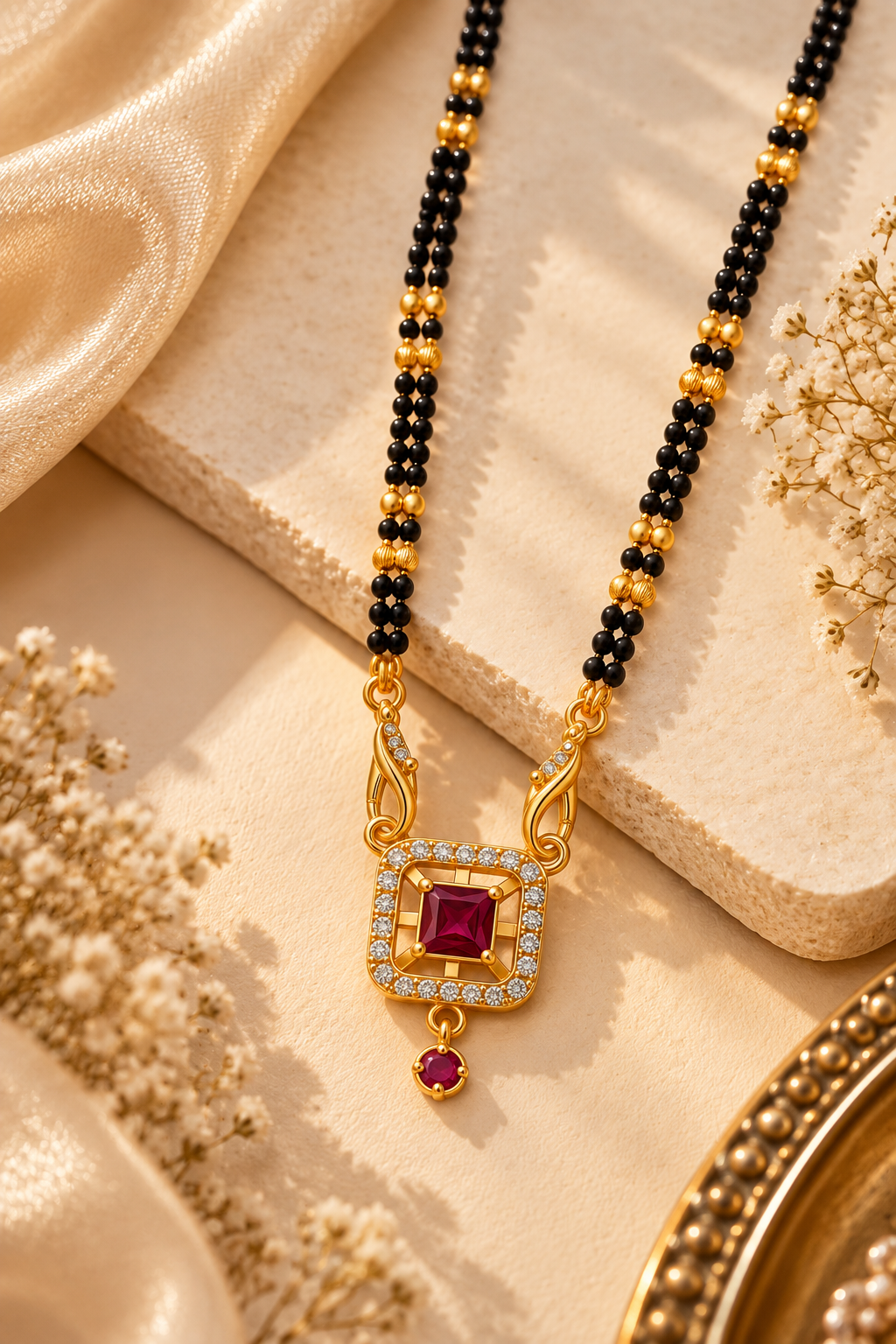 Elegant Black-Beaded Mangalsutra with Ruby-Toned Square Pendant
