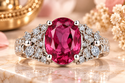 Rose Pink Oval Floral Halo Statement Ring