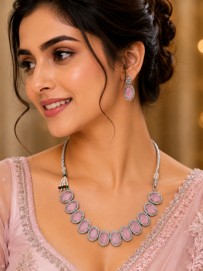 Silver-Toned Pink Stone Necklace & Earring Set