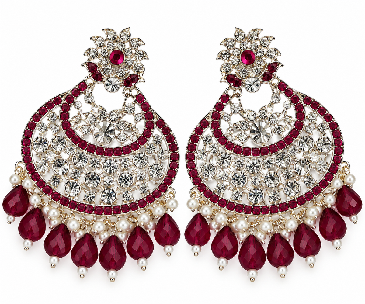 Premium Silver-Toned Ruby Pink Chandbali Statement Earrings