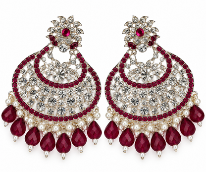 Premium Silver-Toned Ruby Pink Chandbali Statement Earrings