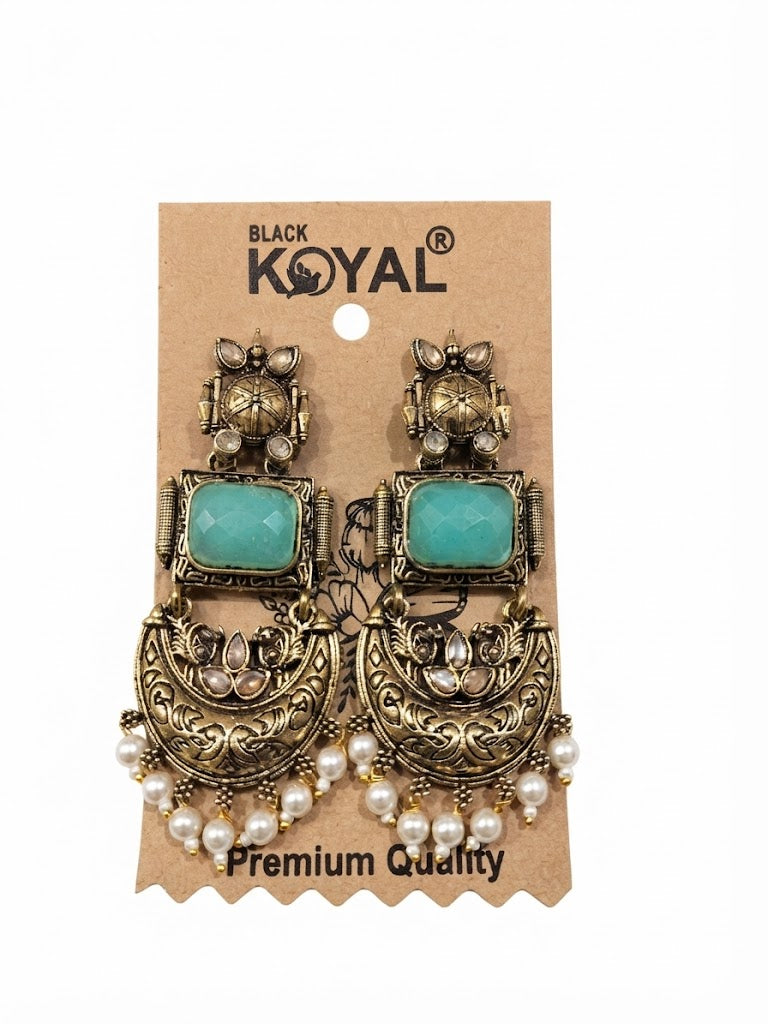 Premium Turquoise Oxidised Silver Chandbali Earrings