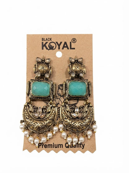 Premium Turquoise Oxidised Silver Chandbali Earrings