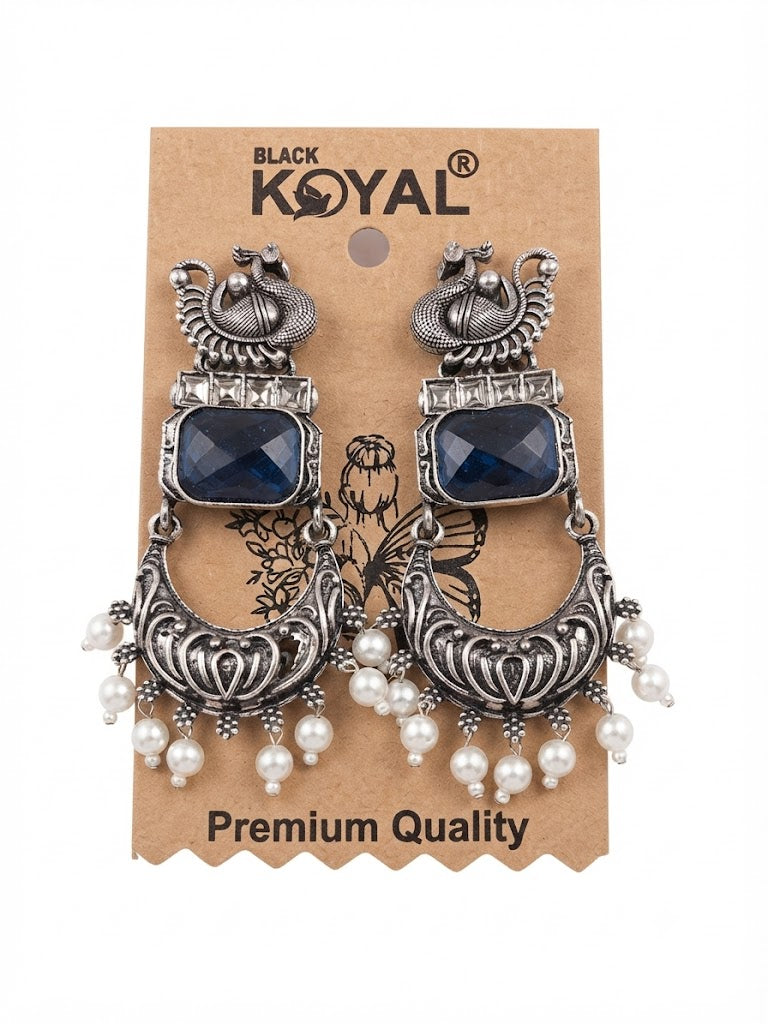 Premium Oxidized Silver Peacock-Inspired Blue Stone Jhumka Earrings