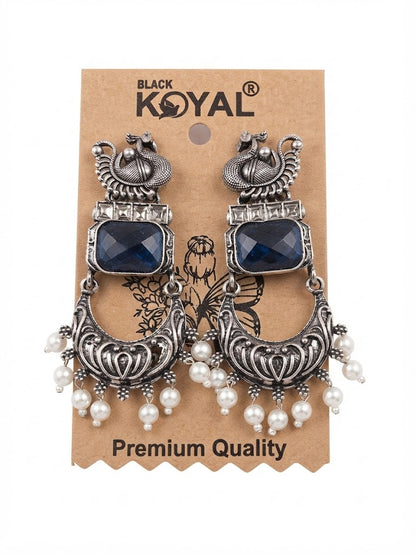 Premium Oxidized Silver Peacock-Inspired Blue Stone Jhumka Earrings