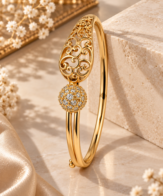 Premium Gold-Toned Filigree Crystal Bangle Bracelet