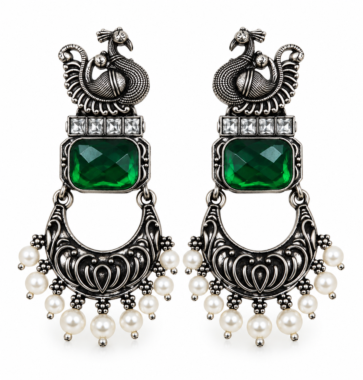 Premium Antique Silver-Toned Emerald Green Peacock Jhumka Earrings
