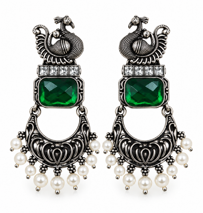 Premium Antique Silver-Toned Emerald Green Peacock Jhumka Earrings