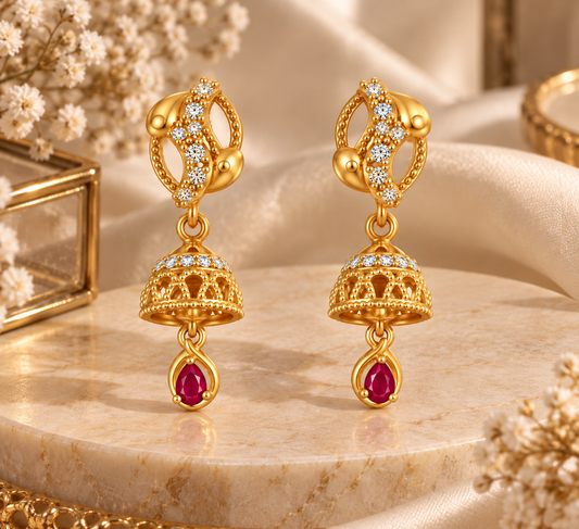 Premium Gold-Toned Jhumka Drop Earrings with Ruby Accents