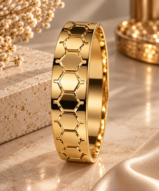 Premium Gold-Toned Hexagonal Pattern Statement Bangle