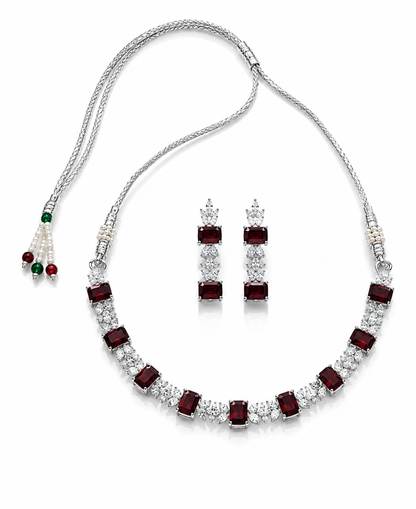 Silver-Toned Deep Red Stone Necklace & Earring Set