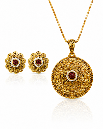 Antique Floral Medallion Pendant & Stud Set