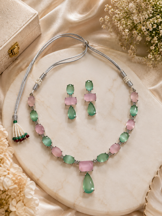 Elegant Silver-Toned Pink & Green Gemstone Necklace Set