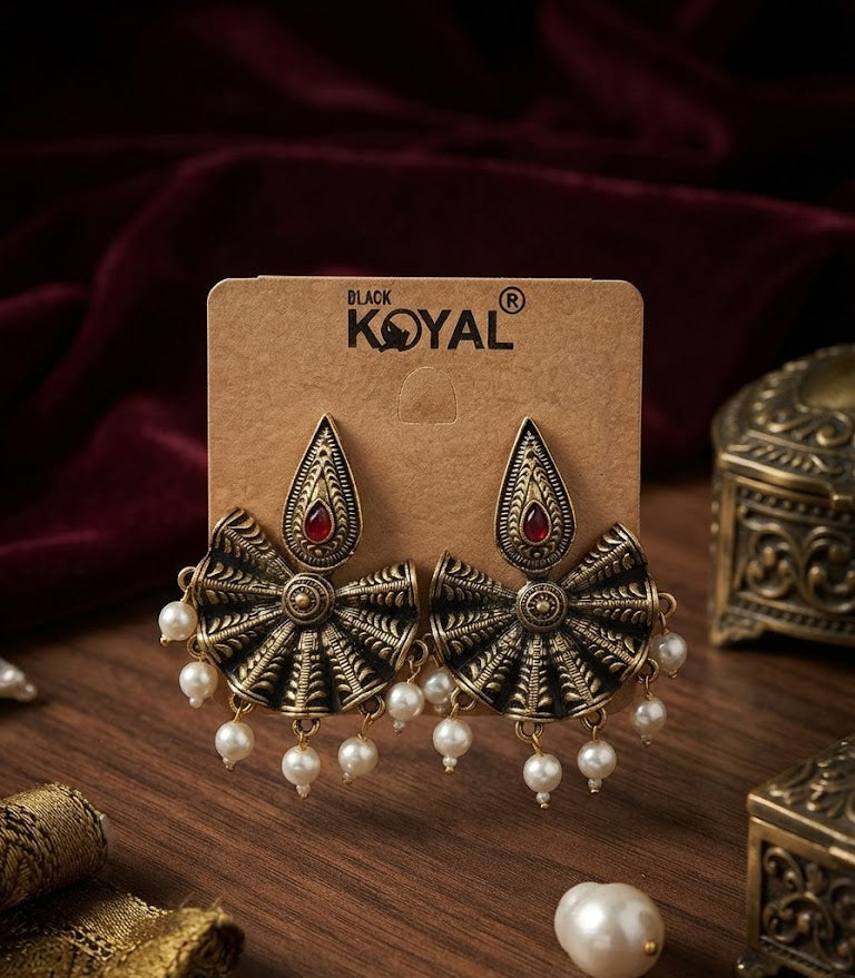 Premium Antique Gold-Toned Black Filigree & Ruby-Red Pearl Drop Earrings