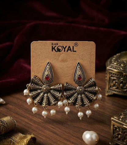 Premium Antique Gold-Toned Black Filigree & Ruby-Red Pearl Drop Earrings