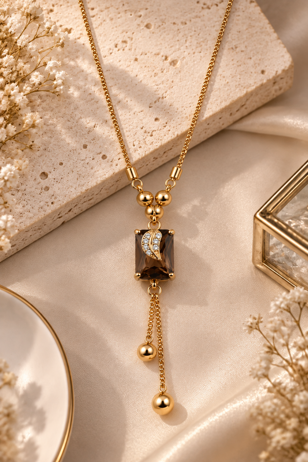 Gold-Toned Smoky Brown Pendant Necklace