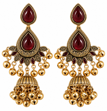 Premium Antique Gold-Toned Maroon Jhumka Chandelier Earrings
