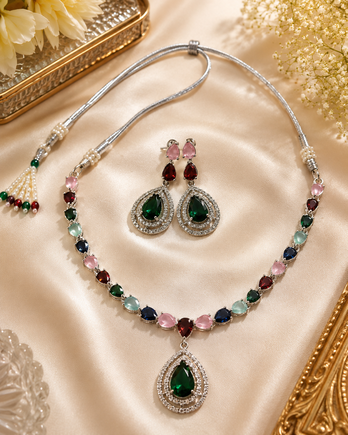 Elegant Multicolor Gemstone Necklace & Earring Set