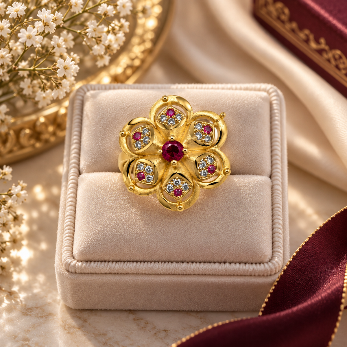Gold-Toned Ruby Floral Statement Ring
