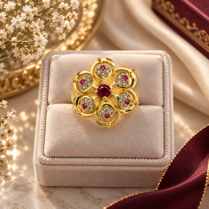 Gold-Toned Ruby Floral Statement Ring