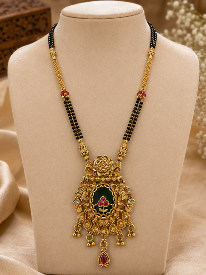 Antique Gold-Toned Floral Black Beaded Mangalsutra