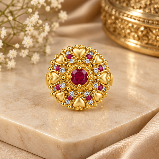 Premium Gold-Toned Floral Ruby Statement Ring