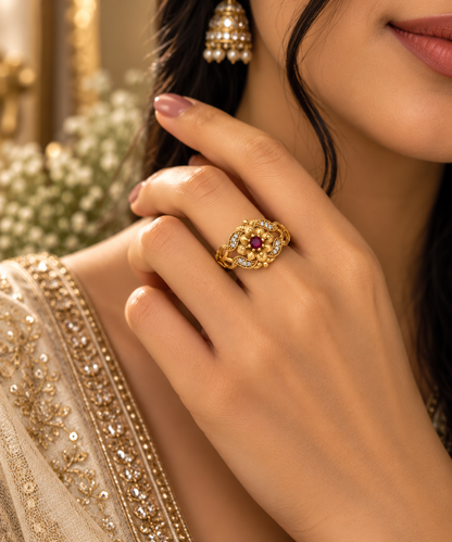 Gold-Toned Ruby Floral Statement Ring